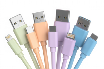 Colorful usb charging cables and connectors arranged against a black background