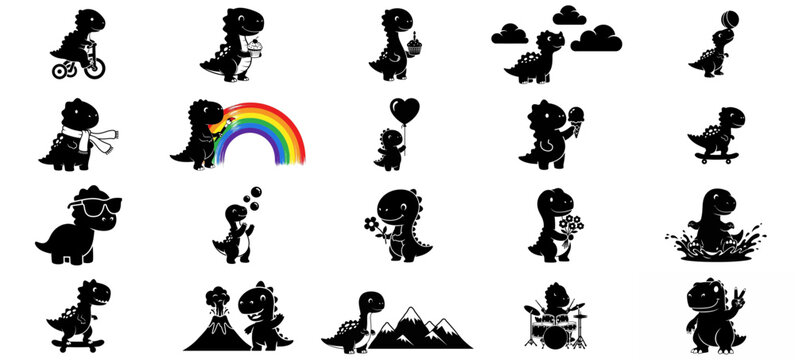 prehistoric playmates minimalist silhouettes showcasing dinosaurs delightful modern lives, isolated on transparent background