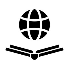 Glyph icon of globe over open book, symbolizing global education and worldwide learning.