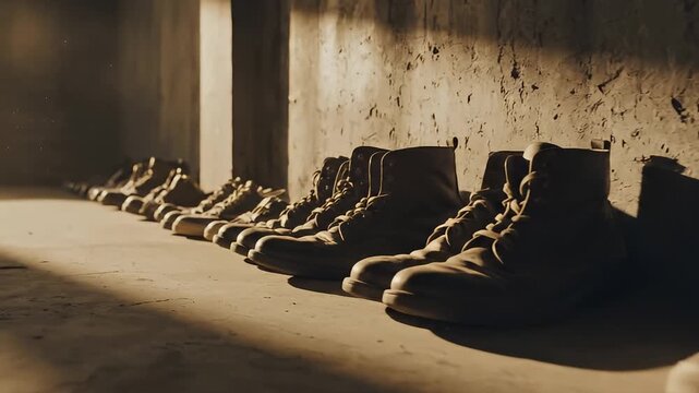 A row of shoes neatly arranged along a wall in a dimly lit space, illuminated by warm sunlight creating shadows and highlighting the textures of the footwear and wall surface