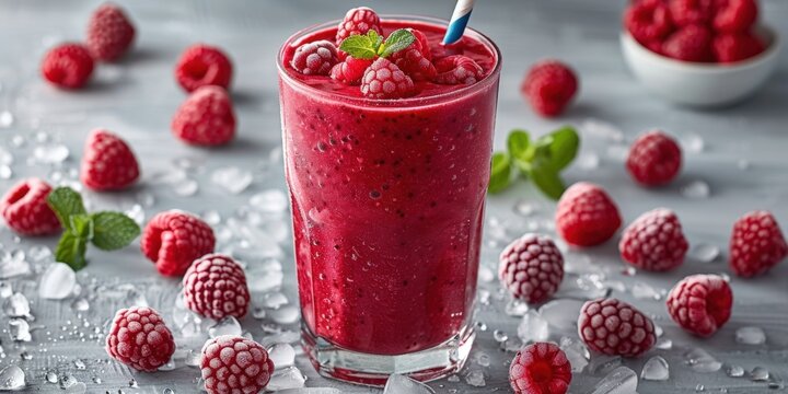 Close-up shot of a refreshing frozen raspberry smoothie, featuring ice cubes and vibrant fresh raspberries. Perfect for health, wellness, or dessert themes. - Powered by Adobe