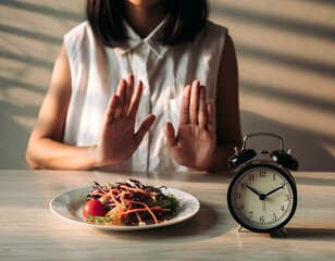 A person refusing to eat a salad placed on a table next to an alarm clock, symbolizing dieting or mealtime struggles.