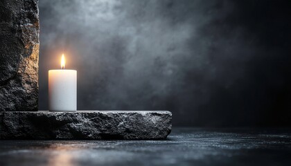 Stone podium with burning candle flame on dark background.