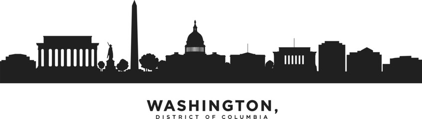 Washington D.C. skyline silhouette, iconic monuments vector, Lincoln Memorial, Washington Monument, U.S. Capitol, Jefferson Memorial, federal buildings, minimalist illustration © Manu