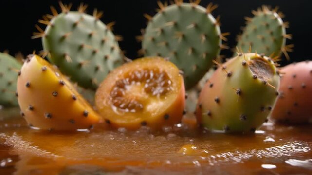 Vibrant prickly pear fruits, whole and sliced, bathed in juice, alongside cactus pads, embody exotic freshness and unique sweetness of a desert harvest