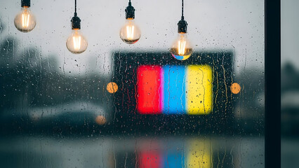 Rainy day view through window with hanging light bulbs and neon colors