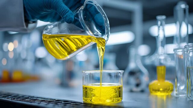 Scientist pouring yellow liquid into beaker