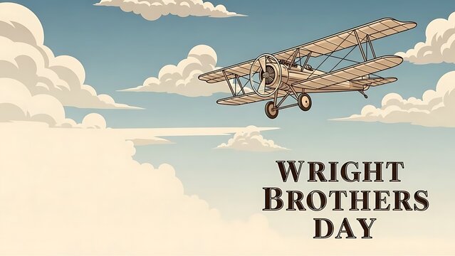 Wright Brothers Day Celebration with Vintage Biplane Flying in Cloudy Sky.