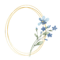 Floral gold frame wreath border. Watercolor hand painting floral geometric background. Flowers, leaf, plant, branch isolated on white background. © Larisa