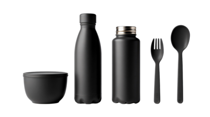 Sleek Essentials: Black containers and utensils, embodying minimalism and functionality, poised for a refined dining experience.