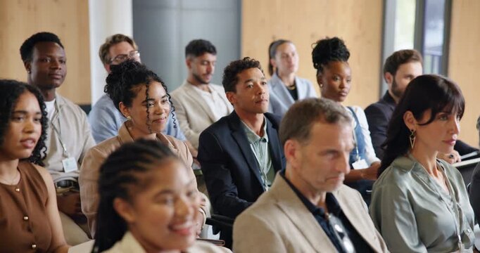 Business, seminar or people in crowd with nodding, presentation or engagement at event. Corporate, group of employees at conference with understanding, audience agreement or approval at trade show.
