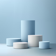 Minimal 3D abstract background with blue and white cylindrical podiums for product display presentation. Geometric studio stage scene template for cosmetic or luxury advertising mockup