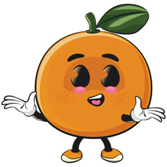 cute orange mascot character welcome with open hands, happy mandarin fruit cartoon vector illustration, work of hand drawn