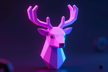 Low Poly Isometric Neon Reindeer Bust Futuristic Render.