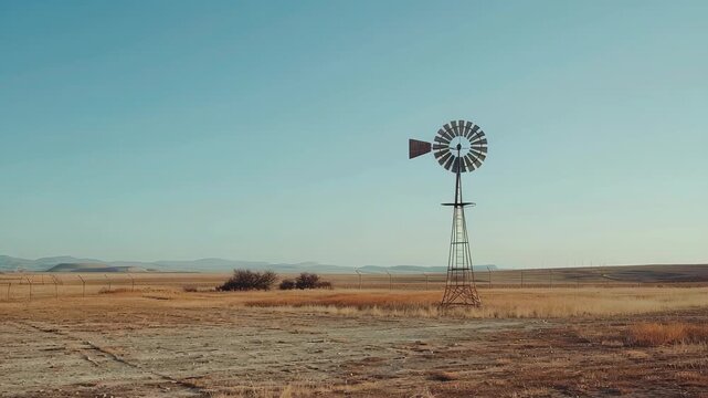 Windmill in open field under blue sky, daytime