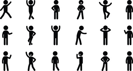 Stick figure icons, human gestures, body language poses, expressive silhouettes, walking, dancing, waving, standing, minimal style, black vector characters, isolated set © Manu