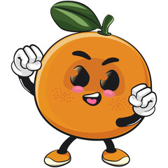 cute orange mascot character excited by punching upwards, happy mandarin fruit cartoon vector illustration, work of hand drawn