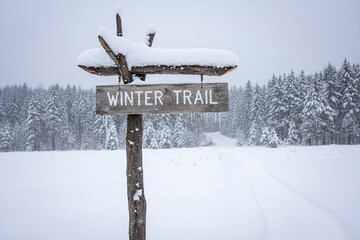 Signpost for a winter trail in the mountains