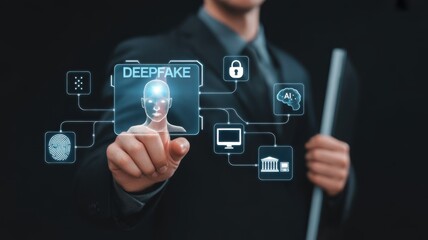 Navigating Deepfake Technology: A person in a business suit interacts with a digital interface, highlighting concerns of deceptive media.