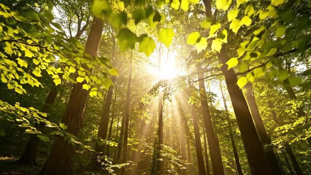 Bottom-up view of tall green trees with sunlight shining through vibrant leaves, creating a bright, peaceful 4K nature scene filled with warm beams and lush forest atmosphere