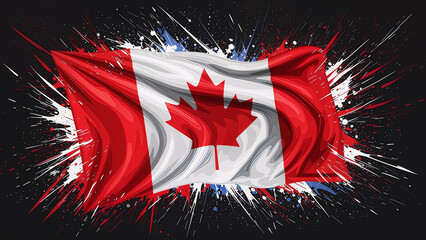 Vibrant Splash-Art Illustration of the Canadian Flag with Dynamic Red and White Paint Bursts and Maple Leaf Detail