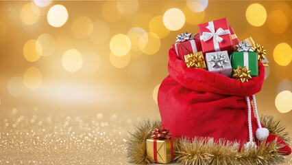 Large open red santa claus bag with lot of gifts, empty space for text, festive golden blurred background