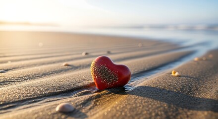 A red heart shaped object sitting on a sandy beach at sunset