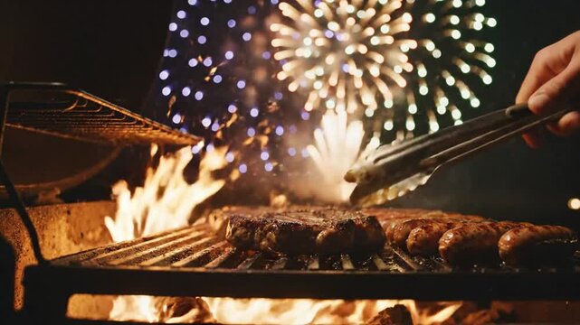 Sizzling grill meat with warm firelight as colorful fireworks burst in festive night sky