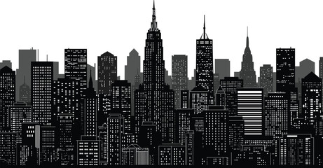 New York skyline silhouette vector, black and white city skyline, skyscraper skyline with illuminated windows, Empire State style spire, urban nightscape illustration