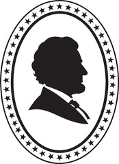 Silhouette profile of abraham lincoln in an oval frame with stars