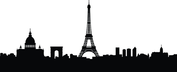 Obraz premium Paris skyline vector silhouette, Eiffel Tower central landmark, Arc de Triomphe and domed monuments, modern high‑rises, minimalist black and white illustration
