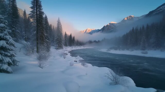 Majestic Winter Mountain River Sunrise Serene Snow Covered Forest Majestic Peaks Golden Light Mist Flowing Water Cold Landscape Nature Beauty Tranquil Scene Evergreen Trees