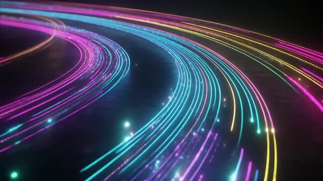 Neon light trails abstract background futuristic motion graphics glowing energy streams digital network flow vibrant color streaks data transfer concept