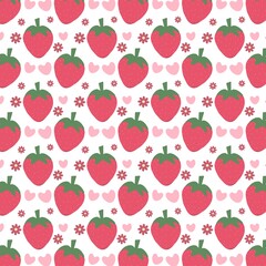 Strawberry Heart and Flower Cute Pattern on White.