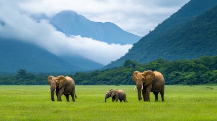 Majestic Elephants Grazing in Lush Green Landscape Under Cloudy Mountains