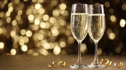 Two Champagne Flutes Against Golden Bokeh Background with Decorative Ribbons