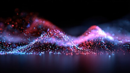 Abstract glowing red and blue particles flowing like a wave on a dark reflective surface with soft bokeh