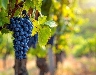 Naklejka premium Close-up of ripe, dark grapes hanging on a vine in sunlit vineyard