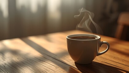 Steaming Coffee Mug on Wooden Table in Cozy Morning Light