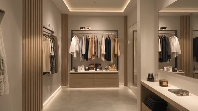 Modern Clothing Boutique Interior with Stylish Apparel Display.