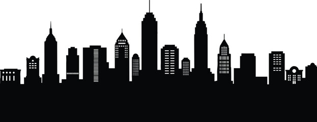 Minimalist black city skyline silhouette, modern urban skyline vector, high-rise architecture icons, metropolitan skyline composition for branding and design assets