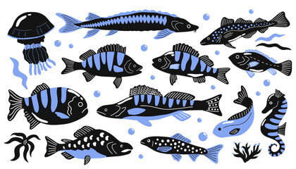 Set of various sea underwater monochrome cartoon funky exotic animals: fish, seaweed, jellyfish, coral reef, seahorse. Different ocean aquatic marine creatures, species vector illustration stickers © WeirdyTales