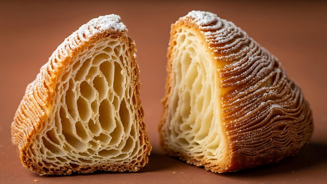 Macro Detail of a Crispy Sfogliatella Riccia Pastry Shell Cracking to Reveal Hundreds of Layers