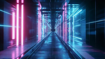 Futuristic neon lit cyberpunk tunnel moving through virtual reality - Powered by Adobe