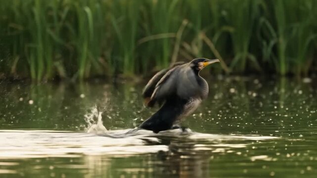 A cormorant splashes as it emerges from water amidst tall green reeds