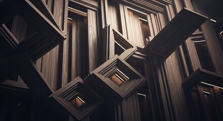 Abstract architecture of dark wood panels nested squares and rectangular beams with integrated strip lighting creating a dimensional maze
