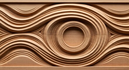 A detailed wooden carving featuring intricate wavy lines and concentric circular patterns in light brown wood