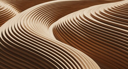 Abstract flowing pattern of light and dark contoured wooden slats with rhythmic curves