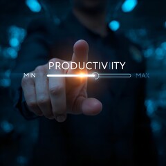 Obraz premium Optimizing Business Output A Hand Adjusting a Digital Productivity Slider to Maximize Efficiency and Achieve Peak Performance in a Futuristic Work Setting