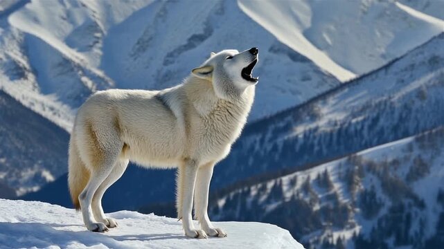 A white wolf howling on a snowy mountain peak 